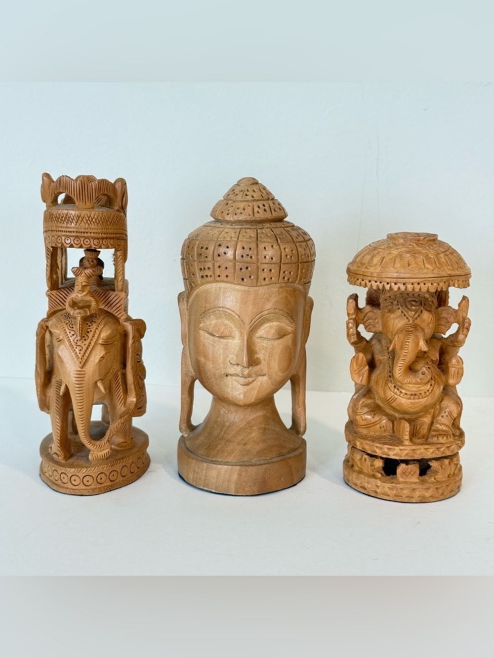 Set Of 3 Wooden Hand Carved Elephant Ganesha Indian Hindu Lord Buddha Phulkari